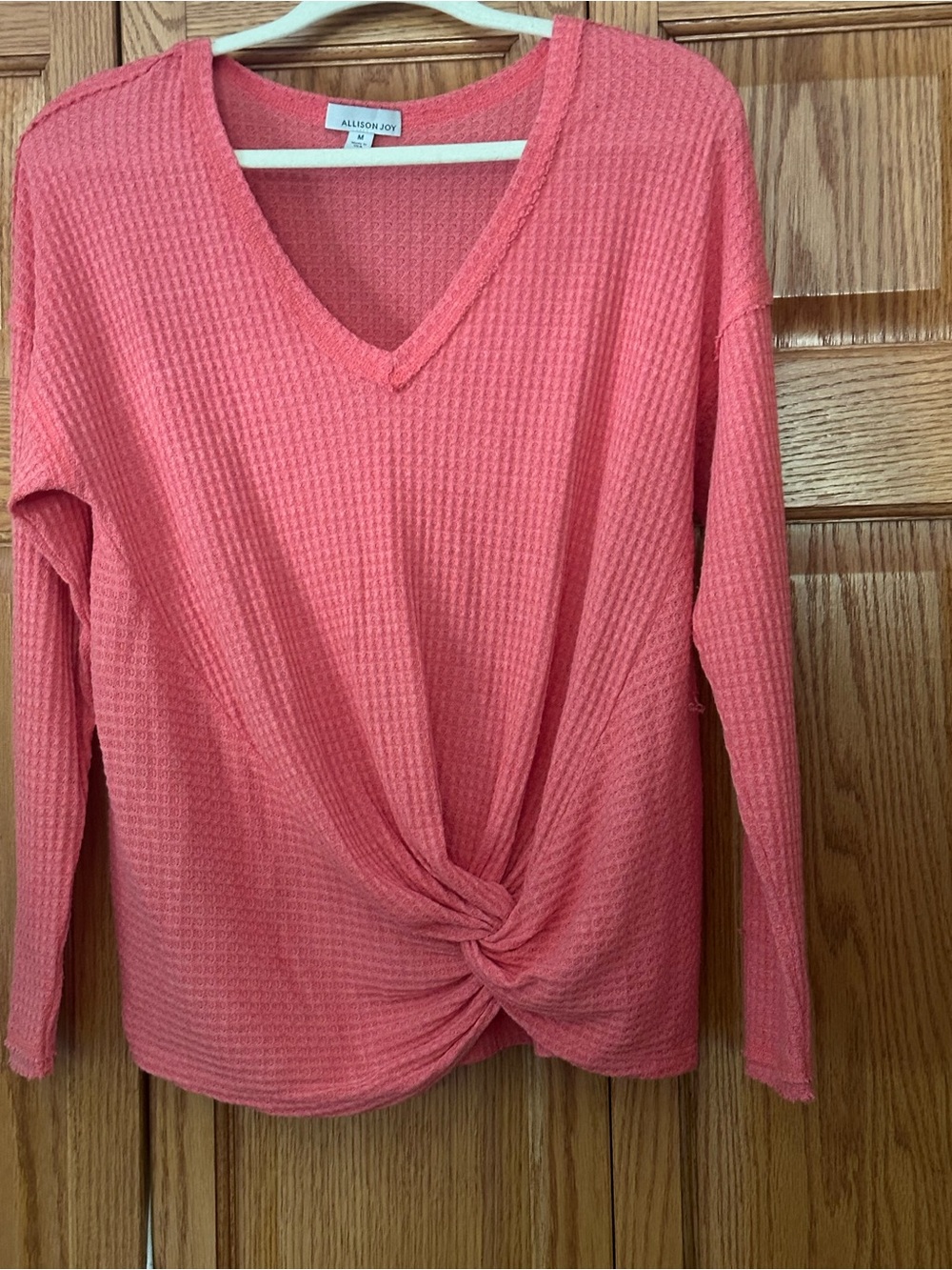 ALLISON JOY  Coral Twist-Front Waffle V-Neck Long Sleeve Top | Size M